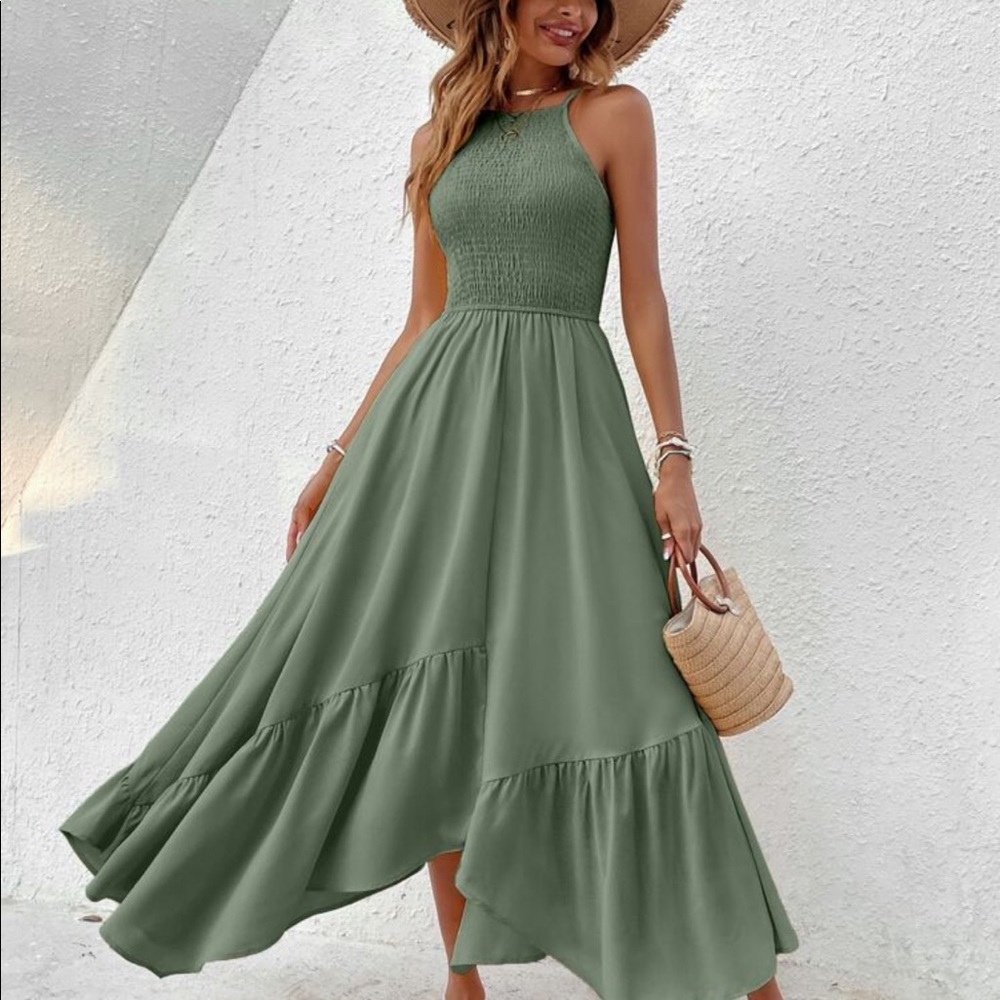 Boho Smocked Bodice Asymmetrical Hem Ruffle Cami Maxi Dress BLUE - Picture 8 of 14